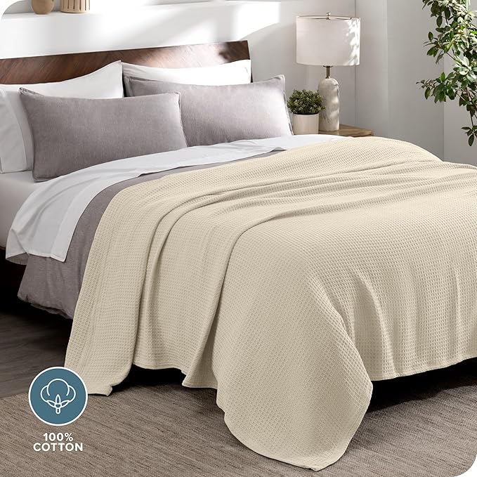 Bare Home Oyster Waffle Blanket, Extra Long 66Wx90L, 100% Cotton, Soft & Breathable Throw for All Seasons, Lightweight Blanket, Perfect for Layering Bed, Sofa & Couch (Twin/Twin XL, Oyster)