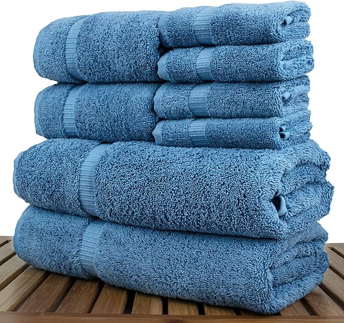 Luxury Hotel & Spa Quality, Highly Absorbent 100% Turkish Cotton, 750+ GSM, Eco Friendly Towel, Bathroom and Kitchen Dobby Border Towels, 2 Bath Towel, 2 Hand Towel, 4 Washcloths (8 Piece, Wedgewood)