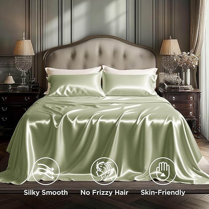 Bedsure Satin Sheets King Size - 4 Piece Silky Bedsheets with Elastic Corner Straps and 15 Inches Deep Pocket Fitted Bedsheet,1 Flat Sheet, 2 Satin Pillowcases, Good for Hair & Skin (King, Sage Green)