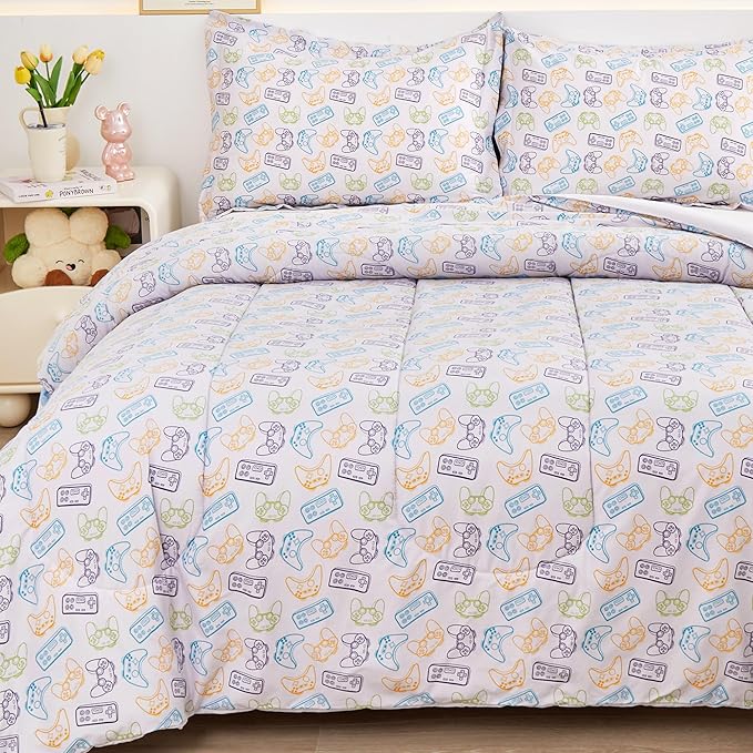 Viviland Kids Twin Bedding Sets for Boys, Soft Microfiber Twin Comforter Sets, Grey Game