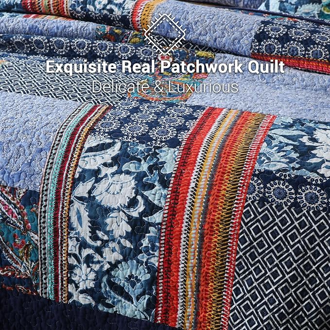 Yvooxny California King Quilt Set Reversible Lightweight Bohemian Paisley Patchwork Cotton Quilted Bedspread Coverlet Set 3-Piece Quilt Set with Pillowcases for All Seasons, 118 x 110 Inches
