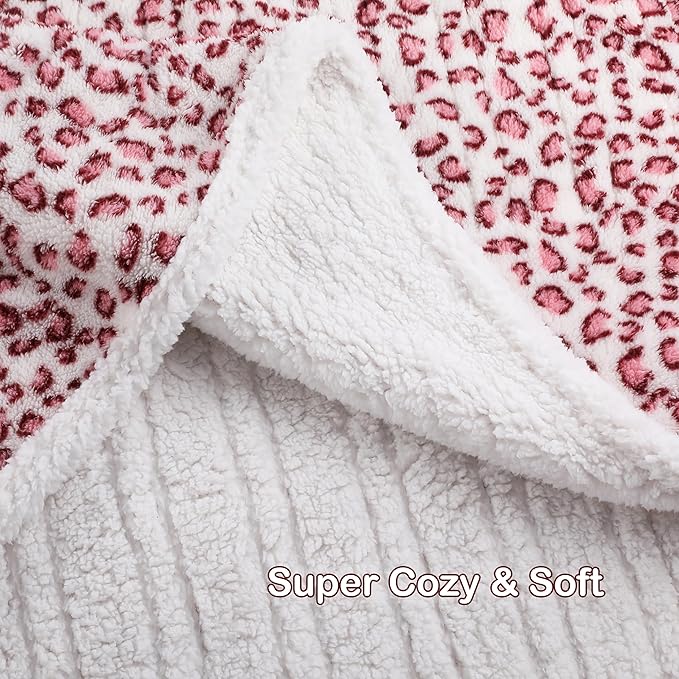 Electric Heated Blanket Full Size 72×84, 10H Auto Off & 6 Heating Settings Fluffy Ultra Soft Warmth Lightweight Cozy Plush Sherpa Machine Washable, Fast Heating, Home Office Leopard Print Pink & White