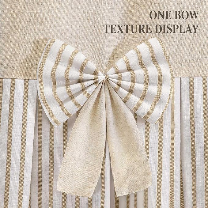 Farmhouse Shower Curtain Linen Beige Bow Woven Fabric Country Rustic Western, Pleated Beige Stripe 72" W x 90" L