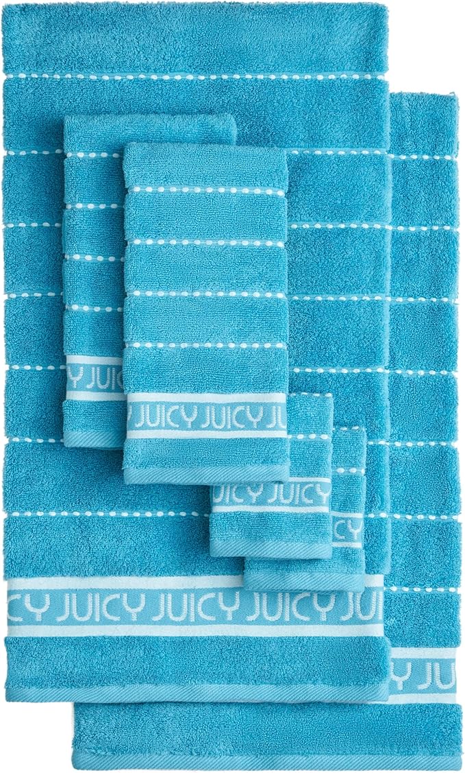 Juicy Couture Luxurious Plush Stripe 6-Piece Bath Towel Set - Pool Blue 100% Cotton - Soft and Stylish Towel Set for Ultimate Comfort and Elegance