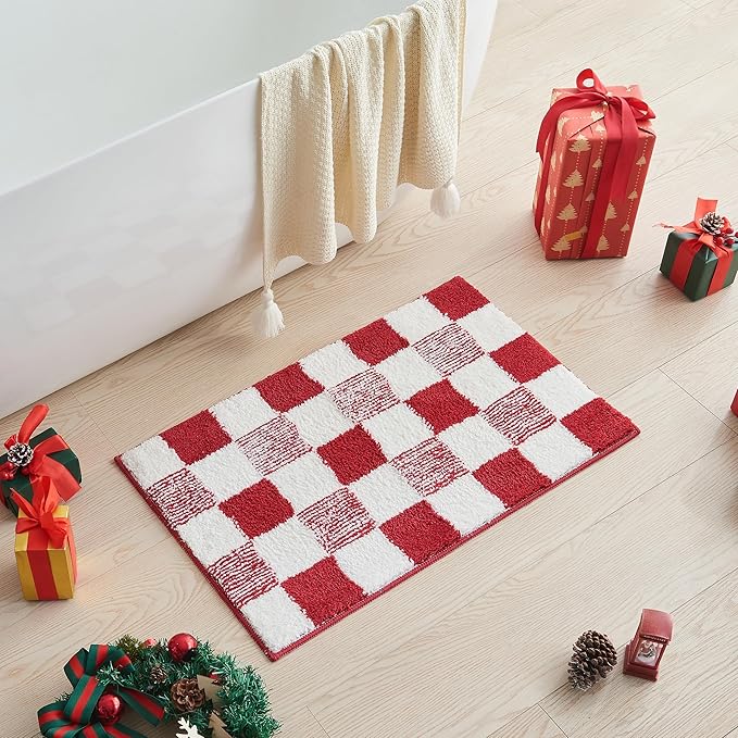 CozeCube Bath mats for Bathroom Non Slip, Fluffy Absorbent Microfiber Bath mat Washable, Aesthetic Bathroom Rugs, Cute Christmas Red Checkered Bath mat, Christmas Red, 32" x 20"