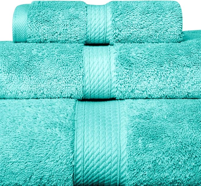 Superior Egyptian Cotton Pile 3 Piece Towel Set, Includes 1 Bath, 1 Hand, 1 Face Towel/Washcloth, Ultra Soft Luxury Towels, Thick Plush Essentials, Guest Bath, Spa, Hotel Bathroom, Turquoise