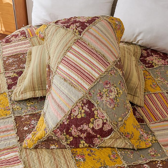Cmfshape Floral Quilt Sets Bedspread Set 100% Cotton Patchwork Bedding Set, All Season Use Lightweight Reversible Coverlet Quilts with 2 PillowShams(King 106"x96")