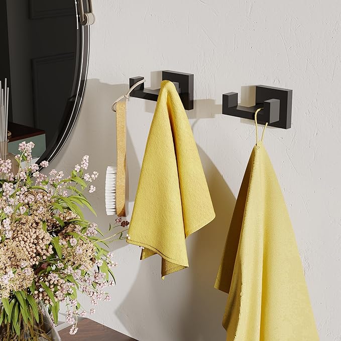 Ruacq Double Towel Hook Matte Black Square Base Bathroom Robe Towel Holder Hand Towel Hanger Stainless Steel Modern Wall Mounted