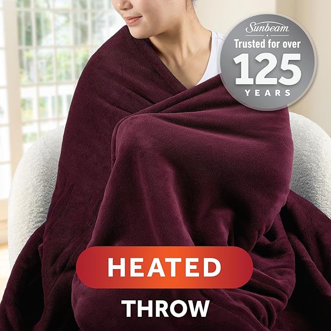 Sunbeam Electric Throw Royal Luxe Microplush Heated Blanket, 4 Heat Settings, 4-Hour Auto Shut-Off, Fast Heating, Warm and Cozy, Cabernet Red Color, 50" x 60"