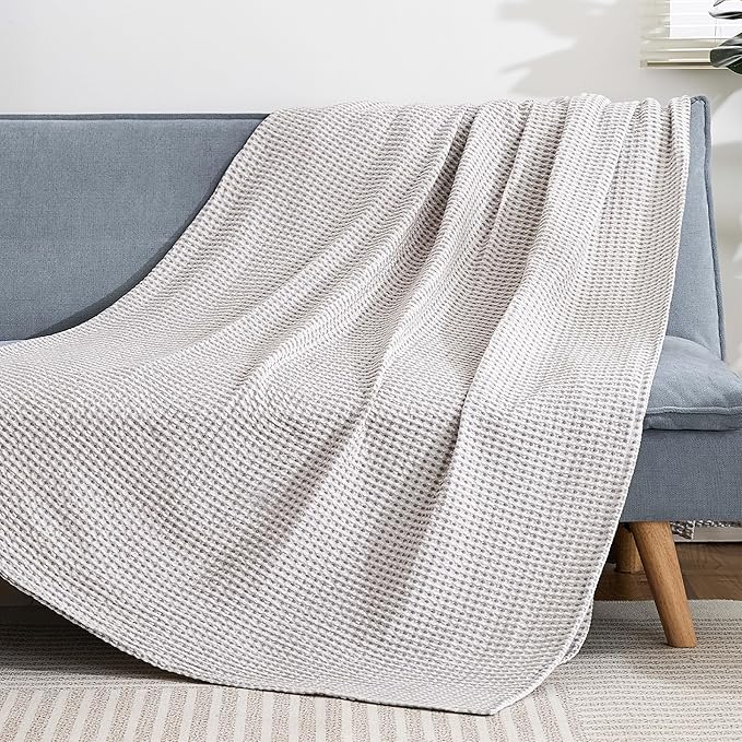 EGOHOME 100% Cotton Queen Size Blankets for Bed,Soft Jacquard Waffle Weave Blanket,Lightweight and Breathable Unique Dual-Tone Texture Cotton Blanket for All Seasons-Sleet Grey,90 x 90 Inches