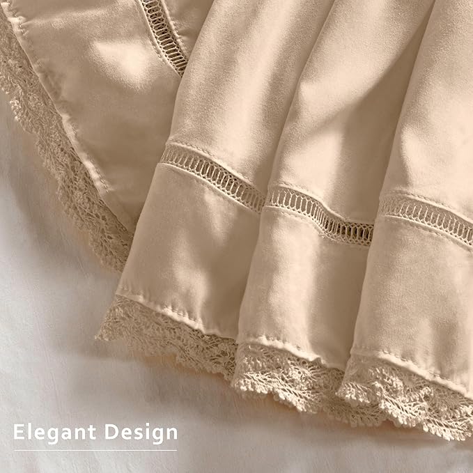 MIYE Wrap Around Ruffled Lace Bed Skirt, Elastic Dust Ruffle with Adjustable Belts, Easy to Put On, Bed Frame Cover, Machine Washable (Floral Lace/Beige, King/Queen-15 Drop)