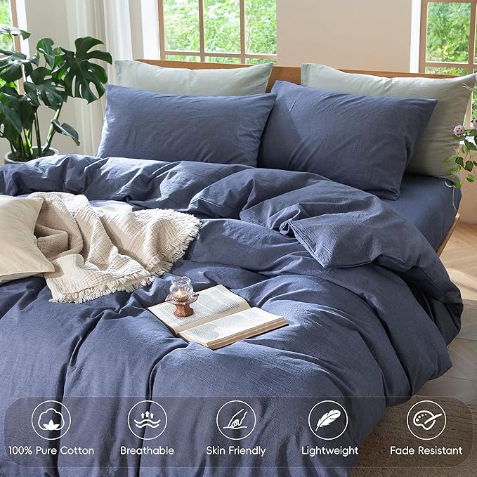 MooMee Bedding Duvet Cover Set 100% Washed Cotton Linen Like Textured Breathable Durable Soft Comfy (Heathered Blue, King 104"x90")