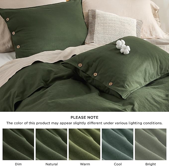 Bedsure Linen Duvet Cover King Size - Linen Cotton Blend Bedding Set, Soft & Cozy, 3 Pieces, 1 Duvet Cover 104x90 and 2 Pillowcases, Olive Green Color Cooling Bedding, Comforter Sold Separately