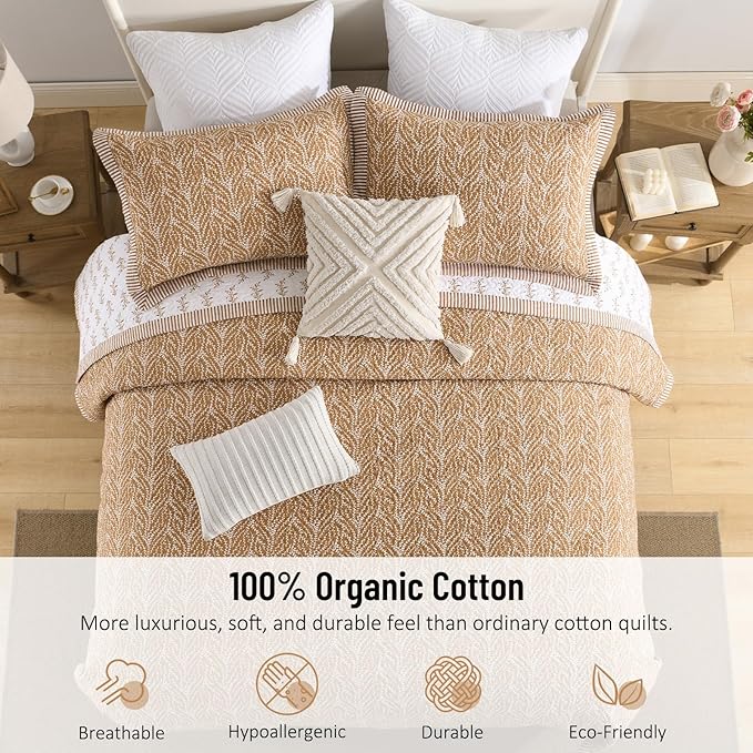 Quilt Set King Size - 100% Cotton Floral Reversible Bedspread Bedding Set, Lightweight Bed Quilts Botanical Pattern Comforter Cover with 2 Pillow Shams, 3-Piece All Season, Orange, 98x106