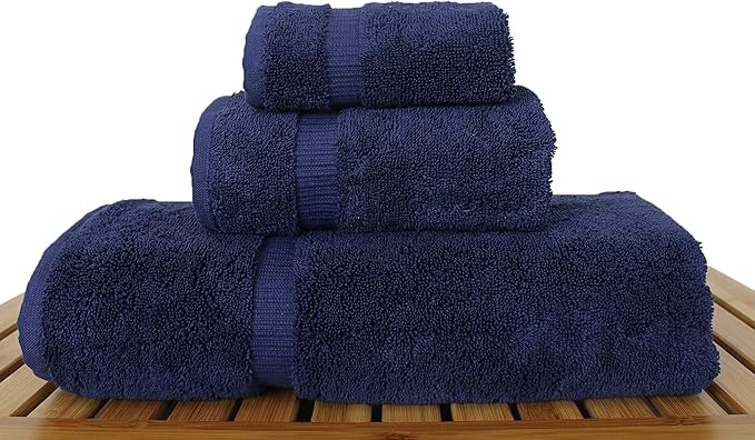 Luxury Hotel & Spa Quality Collection, Quick Dry 100% Turkish Cotton, 750+ GSM, Eco Friendly Towel Set, Bathroom and Kitchen Dobby Border Towels, Bath Towel, Hand Towel, Washcloths (3 Piece, Navy)