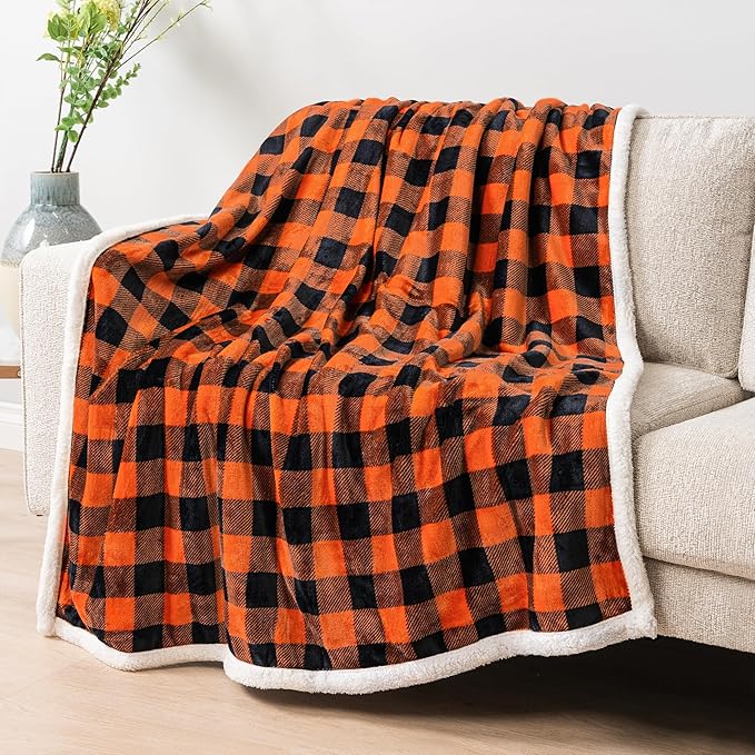 PAVILIA Black Orange Buffalo Plaid Sherpa Throw Blanket for Couch, Plush Halloween Checkered Fleece Blanket and Throws, Soft Fuzzy Flannel Blanket for Sofa Bed, Warm Cozy Winter Blanket Gift, 50x60