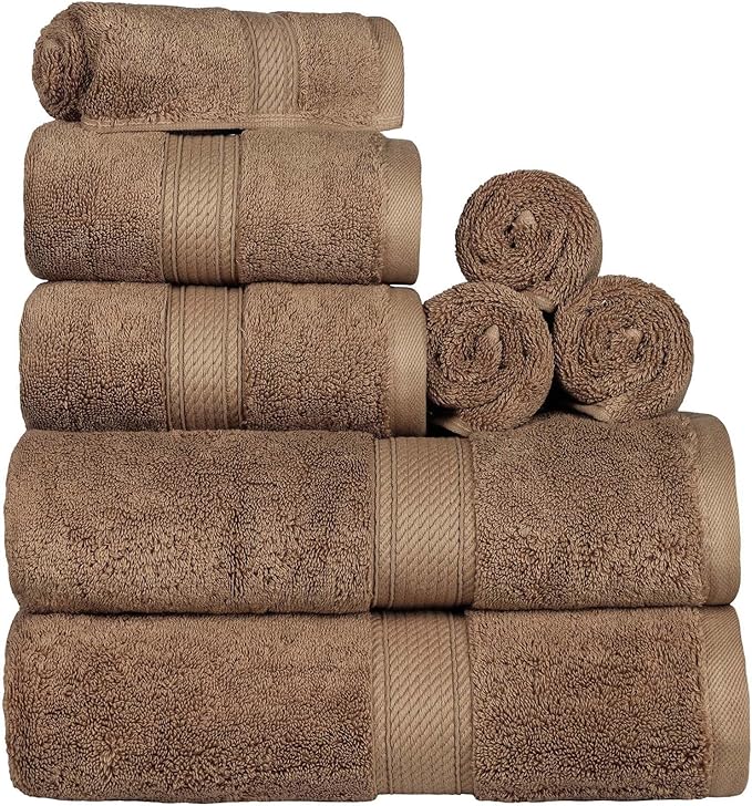 Superior Egyptian Cotton Pile 8 Piece Towel Set, Includes 2 Bath, 2 Hand, 4 Face Towels/Washcloths, Ultra Soft Luxury Towels, Thick Plush Essentials, Guest Bath, Spa, Hotel Bathroom, Latte