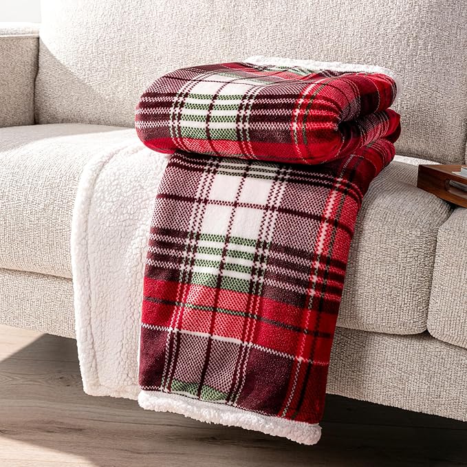 PAVILIA Christmas Plaid Blanket | Sherpa Fleece Flannel Throw Blanket | Christmas Plaid Warm Plush Microfiber Blanket for Couch Sofa | 50x60 Inches