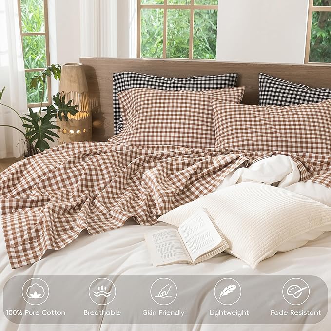MooMee Gingham Sheet Set 100% Washed Cotton Linen Like Textured Breathable Soft w/ Fully Elasticized 16-19" Deep Pocket (Classic Gingham Dark Orange, Queen)