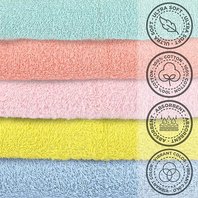 Crystal Ridge Cotton Wash Cloths 12 Pack - Washcloths for Showering, Face and Body, Soft and Highly Absorbent Multipurpose Towels for Bathroom, Kitchen, Spa and Gym - Wash Rags 12 x12 (Pastel)