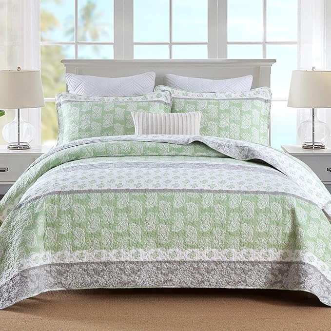 Quilts Queen Size, Cotton Comforter Set, Sage Green Bedding Queen Size, Farmhouse Striped Bedspreads, Lightweight All Seasons 3 Piece