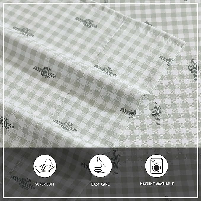 Wrangler - King Bed Sheets, Ultra-Soft & Lightweight Bedding with Matching Pillowcases, Lightweight Bed Set for All Season Comfort, Oeko-Tex Certified (Cactus Gingham Green)