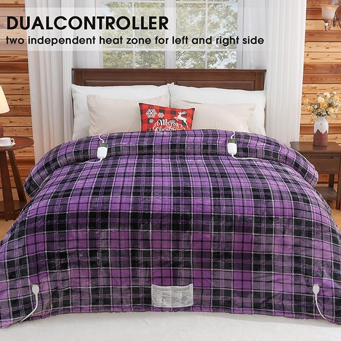 Heated Electric Blanket King Size, 90X100 Heating Blanket King with Dual Control&10 Heats Levels&Timer for Bed,Large Purple Plaid Sherpa Blankets Warmer Gifts for Grandma Women Adults, Washable