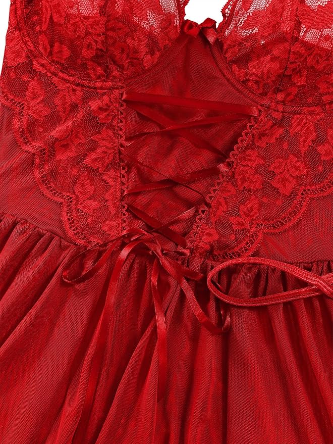 Lilosy Sexy Garter Belt Mesh Lace Babydoll Lingerie Dress Set with Thong