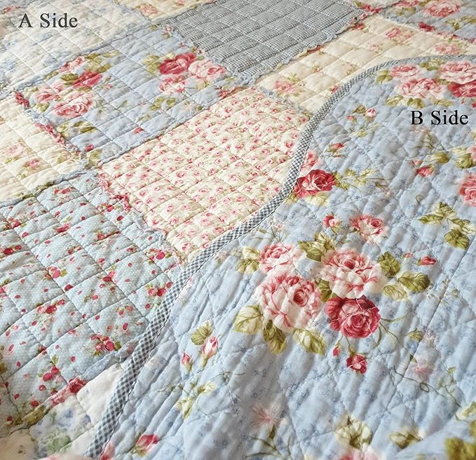 Cozyholy Original 100% Cotton Patchwork Quilt Full Queen Size Blue Floral Bedspread Coverlet Reversible Vintage Shabby Chic Quilted Throw Blanket Bed Quilt Cover for Couch Sofa