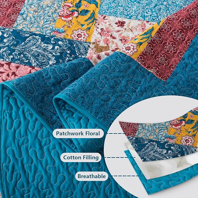 BEDIFANY Cotton Queen Quilt Set - Modern Farmhouse Bedspread with Vibrant Floral Pattern, 3-Piece Lightweight Coverlet (90x98 Inch) + 2 Pillow Shams, All Seasons Multicolor Quilt Bedding Set