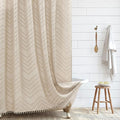 Boho Farmhouse Shower Curtain, Woven Fabric Cute Beige, 60 x 72 Tufted Chevron Textured Striped Modern Farmhouse Minimalist