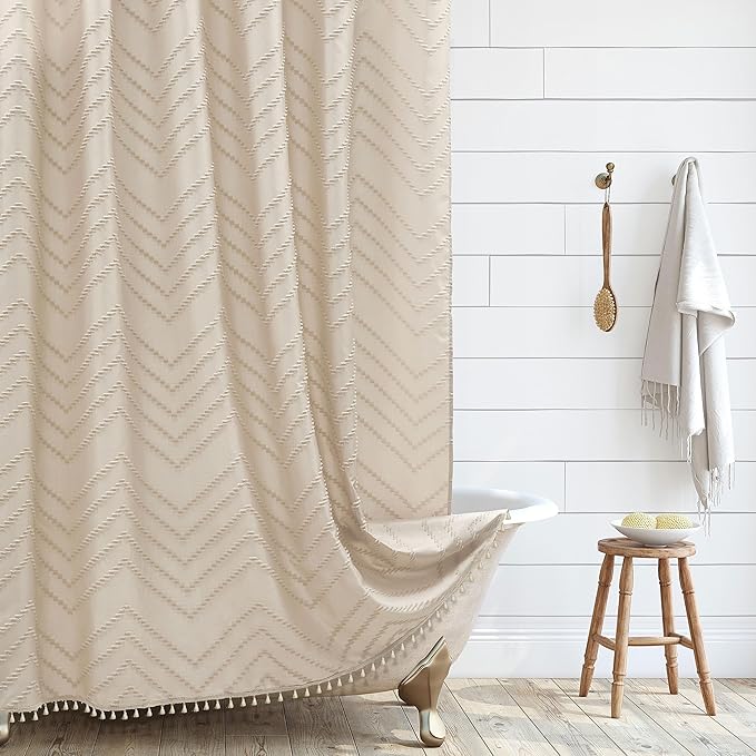 Extra Long Boho Shower Curtain, Woven Fabric 84 in Beige Shower Curtain, 72 x 84, Tufted Chevron Striped Modern Chic Textured Minimalist Bathroom