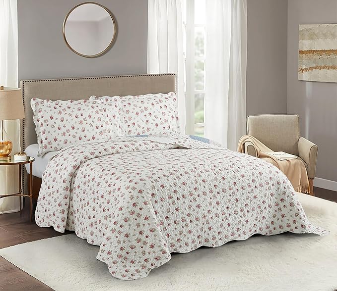 Brilliant Sunshine Pink Rose with Small Blue Check Patchwork, 3-Piece Quilt Set with 2 Shams, Reversible Bedspread, Soft Lightweight Coverlet, All-Season, King, Pink Blue