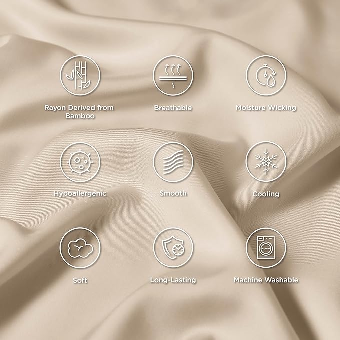 Bedsure King Size Pillow Cases Set of 2, Cooling Pillow Cases King, Rayon Derived from Bamboo Beige Pillowcases, Breathable & Silky Soft Cool Bedding Pillow Covers with Envelope Closure, 20x36 Inches