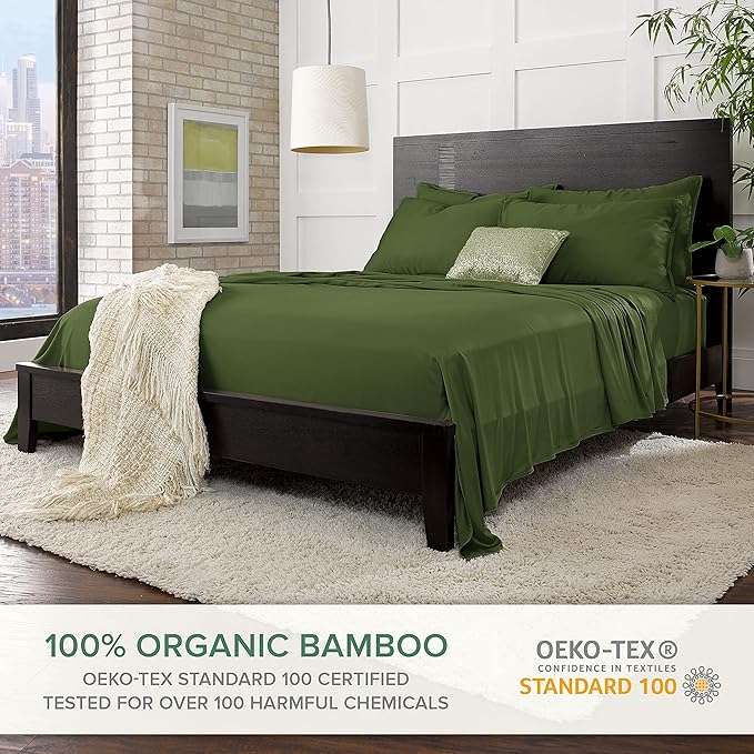King Sheets by Pure Bamboo, Genuine 100% Organic Viscose Derived from Bamboo Bed Sheet Set, Luxuriously Soft & Cooling, Double Stitching, Lifetime Quality Promise (King, Pesto)