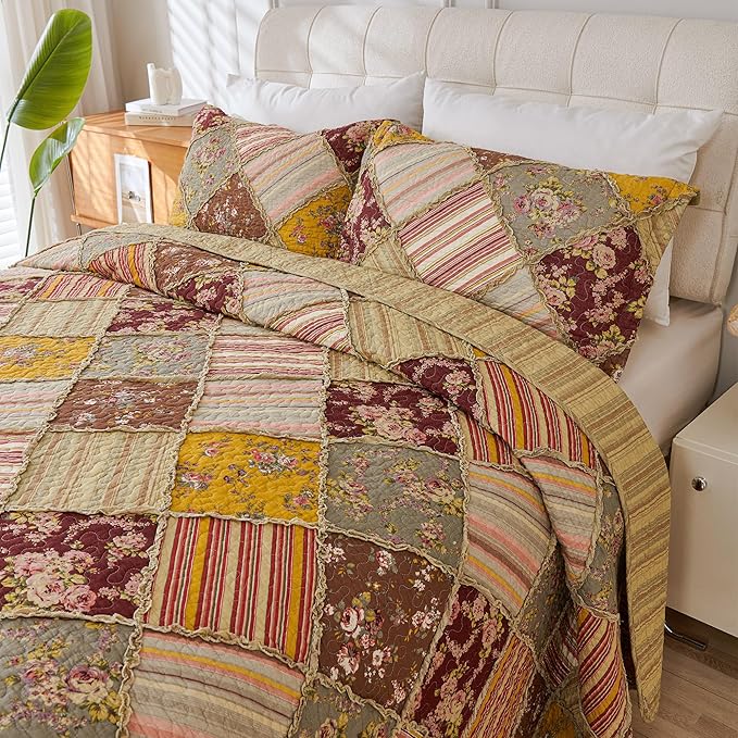 Cmfshape Floral Quilt Sets Bedspread Set 100% Cotton Patchwork Bedding Set, All Season Use Lightweight Reversible Coverlet Quilts with 2 Pillow Shams(Queen 92"x96")