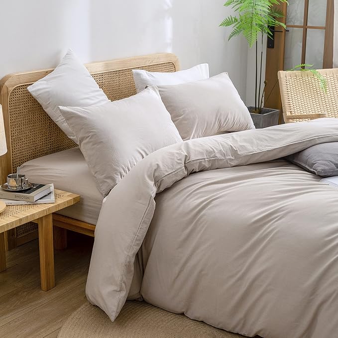 BESTOUCH Duvet Cover Set 100% Washed Cotton Linen Feel Super Soft Comfortable Chic Lightweight 2 PCs Home Bedding Set Solid Linen Grey Twin/Twin XL