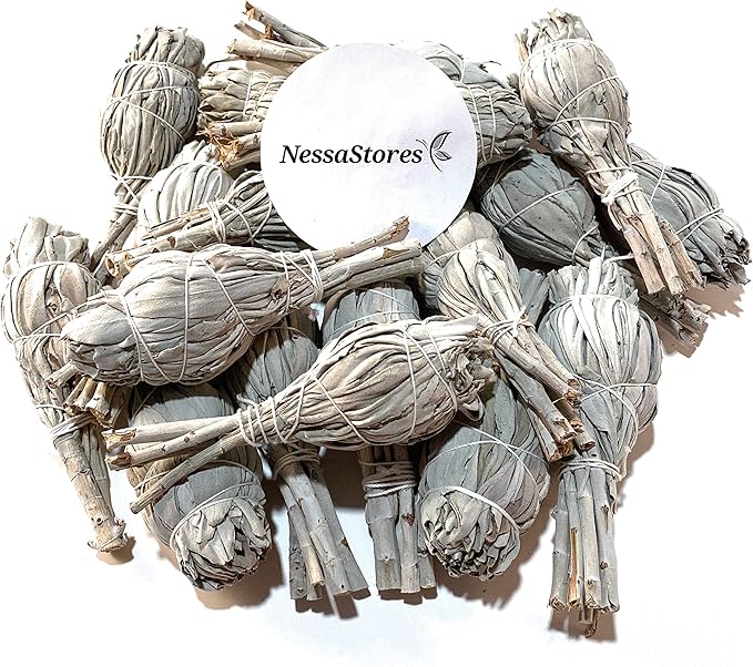 NessaStores 12 California White Sage Smudge Sticks, 3 to 4 Inch Hand Tied, All Natural for Home Cleansing, Stress Relief, & Clearing Negative Energy JC-005