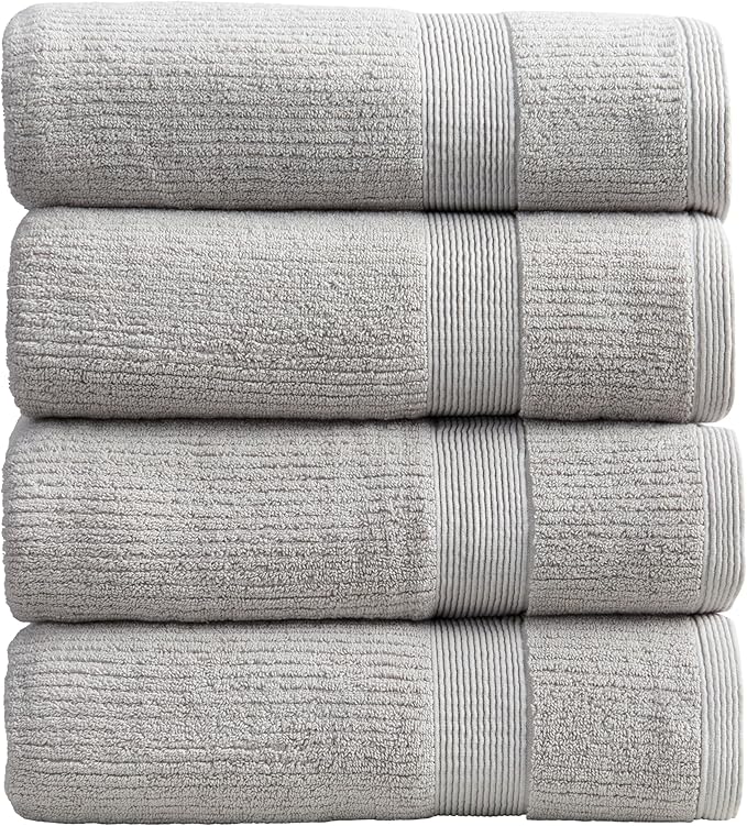 Springtree Home Grey Bath Towels Set of 4 | Ribbed Textured | 100% Combed Cotton | Absorbent Quick-Dry Gray Towels for Bathroom | Oeko-TEX® Standard 100 Cotton | Mauro Collection - High Rise Grey