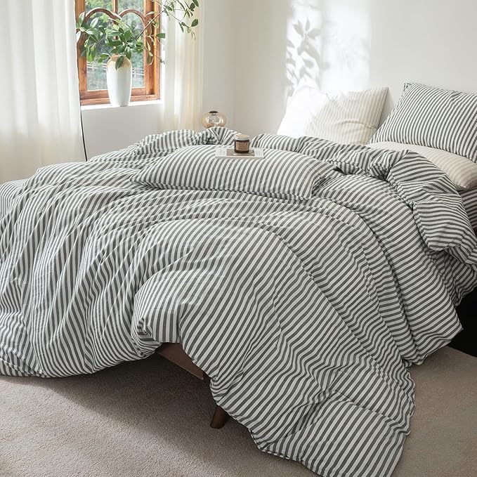 FOSSA Striped Duvet Cover Set 100% Washed Cotton Linen Feel Super Soft Breathable Cozy 3 Pieces Bedding Sets Heathered Green Classic Stripes King