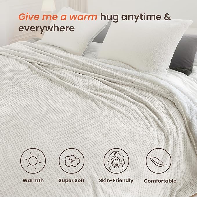 Electric Blanket King Waffle, 90x100 Inches, Dual Controllers, Sherpa Fleece, 6 Heating Levels, 10 Hours Auto Off, ETL Certified, Beige King