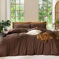 MooMee Bedding Duvet Cover Set 100% Washed Cotton Linen Like Textured Breathable Durable Soft Comfy (Solid Cocoa Brown, Super King 108"x98")