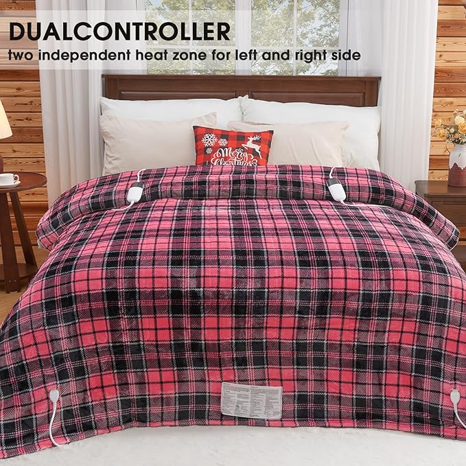 Pink Heated Blanket Electric, Queen Size 84X90, 10 Heat Levels/8 Hours Auto Off/Dual Control for Bed, Blue Plaid Checkered Sherpa Blanket Warmer for Adult, Washable Gift
