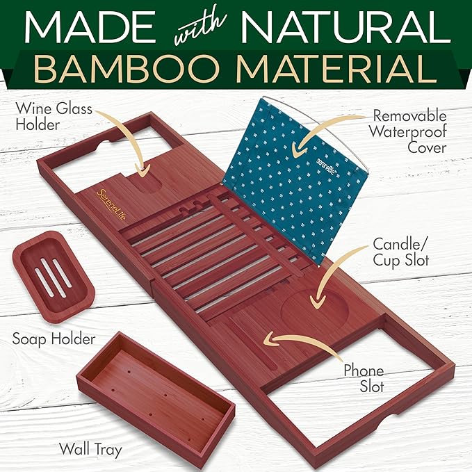SereneLife Bathtub Tray - Expandable Bath Tray for Tub, Adjustable Bamboo Caddy with with Non-Slip Handles, Device Holder and Wine Glass Slot for Bathing Luxury (Brown, Soft Back, Gift Set)
