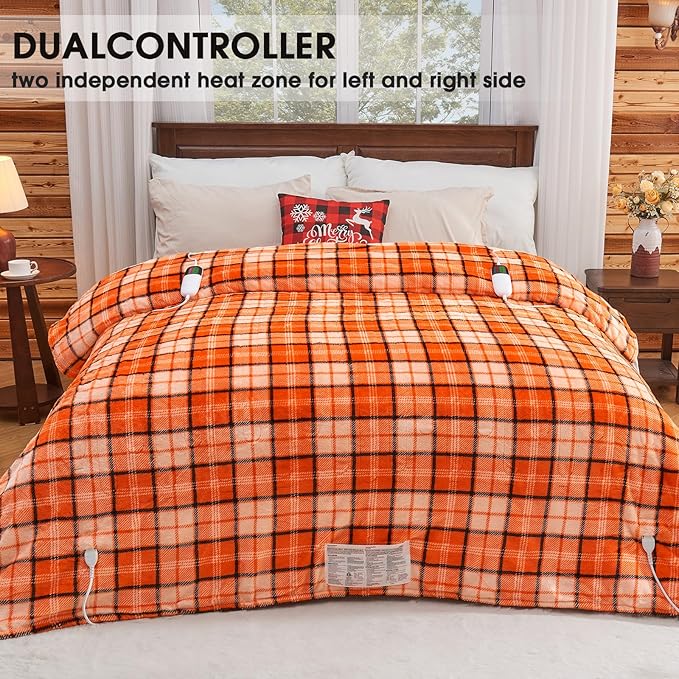 OCTROT Electric Heated Blanket King Size, 90X100 Orange Blanket with Dual Control&10 Heats Levels&Timer for Bed,Large Plaid Sherpa Heating Blankets Warmer Gifts for Women Grandma Halloween Home Decor