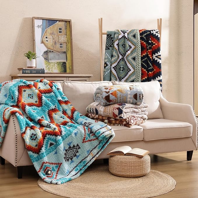 CASAAGUSTO Boho Sherpa Throw Blanket, Aztec Throw, Ultra Soft, Warm, Cozy, Plush, Thick Fleece Bohemian Throw Blanket for Couch, Bed, Sofa (Aqua 50 * 60 Inch)