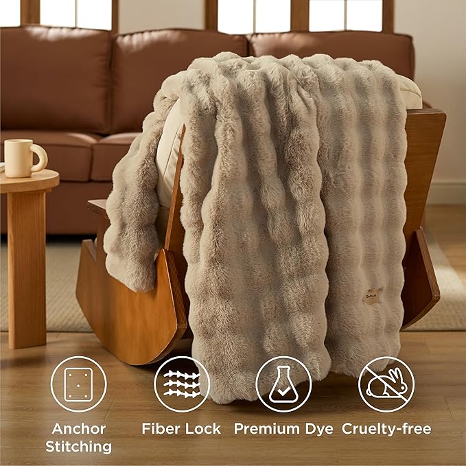 Bedsure GentleSoft Fluffy Faux Fur Blanket Twin Size, Fuzzy Soft Bubble Blanket for Couch, Faux Fur Decor for Home Living Room, Thick Furry Cozy Gifts for Women, Beige, 60x80 Inch