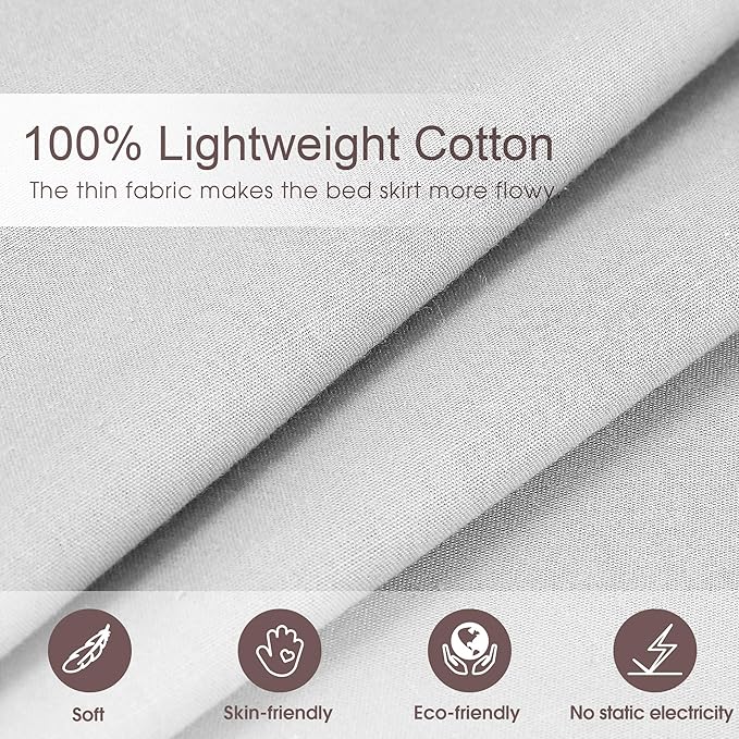 Queen Size 14 inch Drop Light Grey Dust Ruffle, 100% Lightweight Cotton Ruffled Bed Skirt, French Coutry Style, Lace Ruffled Bed Skirt with Split Corners