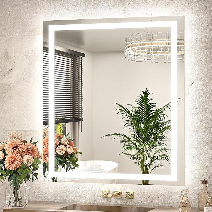 TETOTE LED Bathroom Mirror with Brighter Lights 32 x 36 LED Lighted Vanity Mirror with Frontlit and Backlit, 3-Color Dimmable Illuminated Anti Fog Light up Mirror for Bathroom Wall, Tempered Glass