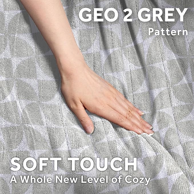 Sunbeam Royal Luxe Microplush Heated Throw Electric Blanket, 50" x 60", 4-Hour Auto Shut-Off,Fast Heating, Machine Washable, Warm and Cozy, Grey Geometric